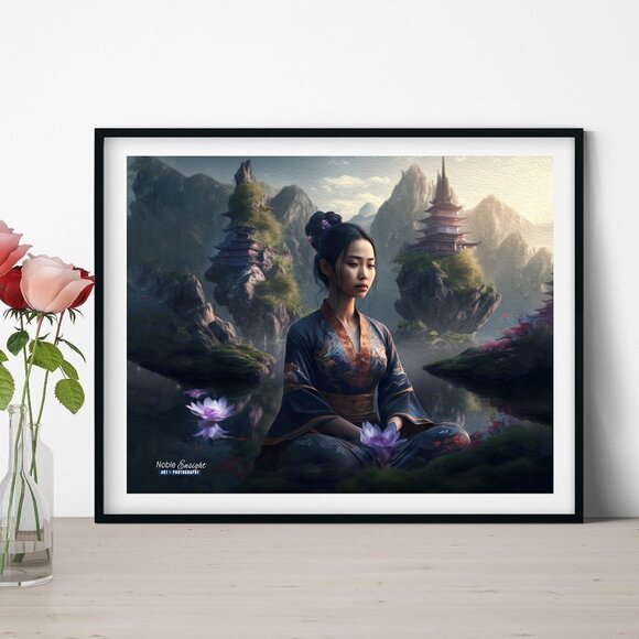8x10 Woman Meditating Gorgeous‎ Landscape Fantasy Art Oil Painting Print - Picture 2 of 7